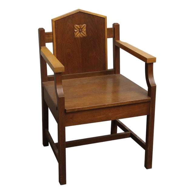 Mid 20th Century Mission Style Wood Chair With Carved Floral Motif For Sale