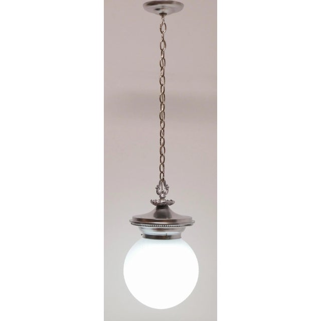 White Antique Opaline Glass Globe and Cast Metal Hanging Pendant Light Fixture For Sale - Image 8 of 12