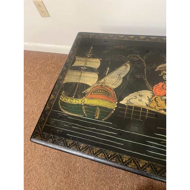 Early 20th Century Chinoiserie Black Hand-Painted, Trestle Coffee Table For Sale - Image 10 of 12