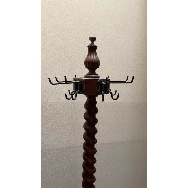 Late 19th Century Antique Turned Oak Hall Tree Coat Rack With Adjustable Iron Hooks For Sale - Image 5 of 8