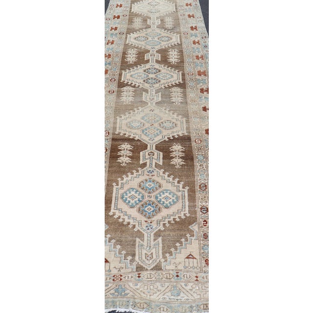 Long Persian Heriz Runner With Central Medallions in Brown, Blue, Tan & Red For Sale In Atlanta - Image 6 of 12