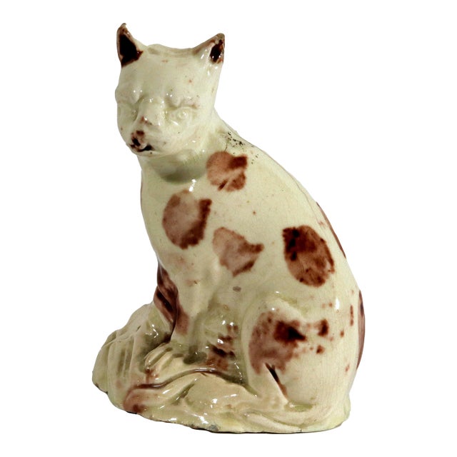 English Creamware Pottery Toy Cat, Whieldon-Type Manganese Sponged Figure For Sale