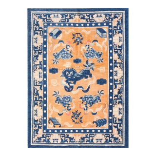 1890s Orange Peach Qing Antique Chinese Ningxia Rug 4' 6" X 6' Handknotted Wool Carpet For Sale