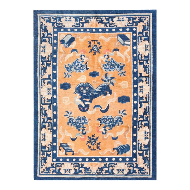 1890s Orange Peach Qing Antique Chinese Ningxia Rug 4' 6" X 6' Handknotted Wool Carpet For Sale