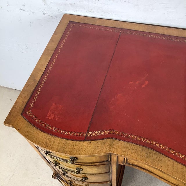 Brown Vintage Queen Anne Style Burl Walnut Writing Desk With Serpentine Front and Leather Top For Sale - Image 8 of 12