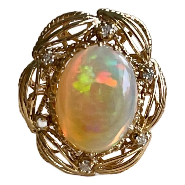 15 Carat Oval Shape Ethiopian Opal Cocktail Ring 14 Karat Yellow Gold Solid Ring For Sale
