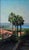 This oil on canvas depicts a serene coastal landscape, featuring lush palm trees that frame a picturesque view of the sea...