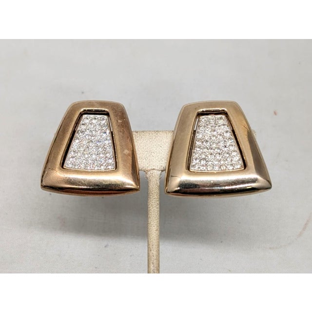 Vintage 1980s Signed Panetta Goldtone Pavé Clear Rhinestone Clip Earrings-2 Pieces For Sale - Image 4 of 7
