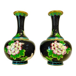 1940s Vintage Japanese Chinoiserie Enamel & Brass Cloisonné Vases - A Pair. For Sale