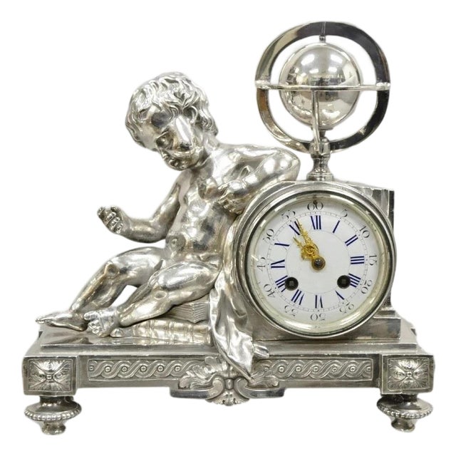 French Louis XV M Franjus Raison & Boyer Silver Plated Bronze Putto Mantel Clock For Sale