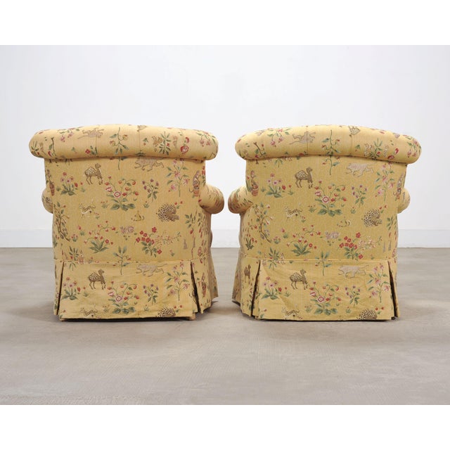 Pair of Tufted Lounge Chairs + Ottoman in Butter Print Fabric For Sale - Image 9 of 18