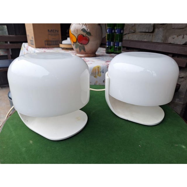 Lumi Pair of Italian Mid-Century “Mushroom” Table Lamps by Lumi Milano – Opaline Glass & Metal, C. 1950s. For Sale - Image 4 of 7