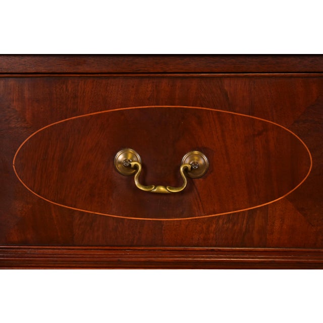 Baker Furniture Style Georgian Carved Flame Mahogany Breakfront Bookcase Cabinet With Drop Front Secretary Desk For Sale - Image 10 of 14