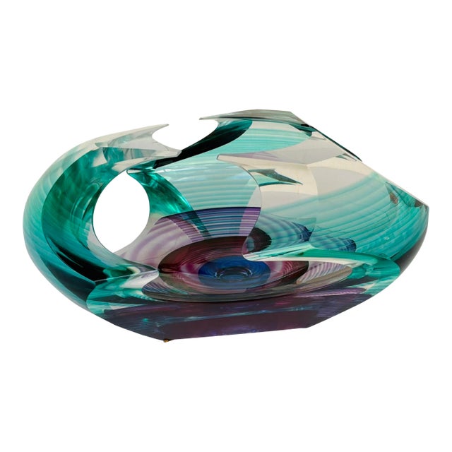 Modern Teal and Purple Signed Art Glass Bowl by Kit Karbler & Michael David For Sale