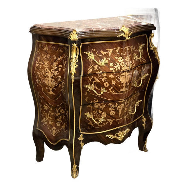 French Louis XV-Style Commode – Floral Marquetry, Marble Top & Ornate Gilded Bronze Details For Sale