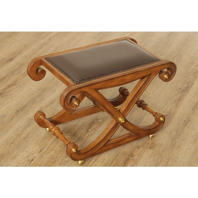High Quality Walnut Finish Carved Wood X-Base and Partial Gilt Frame Stool with Leatherette Seat