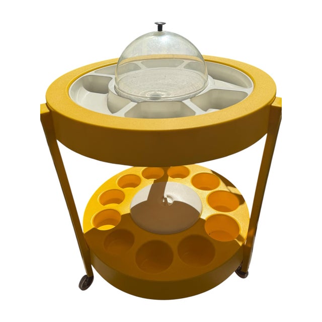 Iconic vintage 1960s Tiara Casa Space Age bar cart / serving trolley in a striking lemon yellow and white colorway....