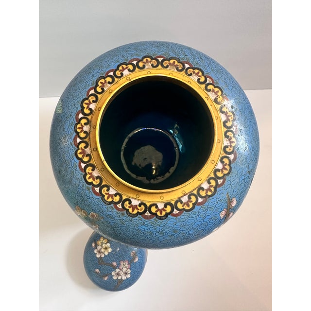 Blue Chinese Cloisonné Ginger Jar on Carved Wood Stand For Sale - Image 4 of 12