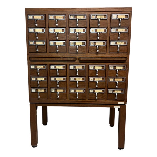 Vintage Worden 30-Drawer Library Card Catalog Cabinet on Stand Oak Dewey Decimal Storage For Sale