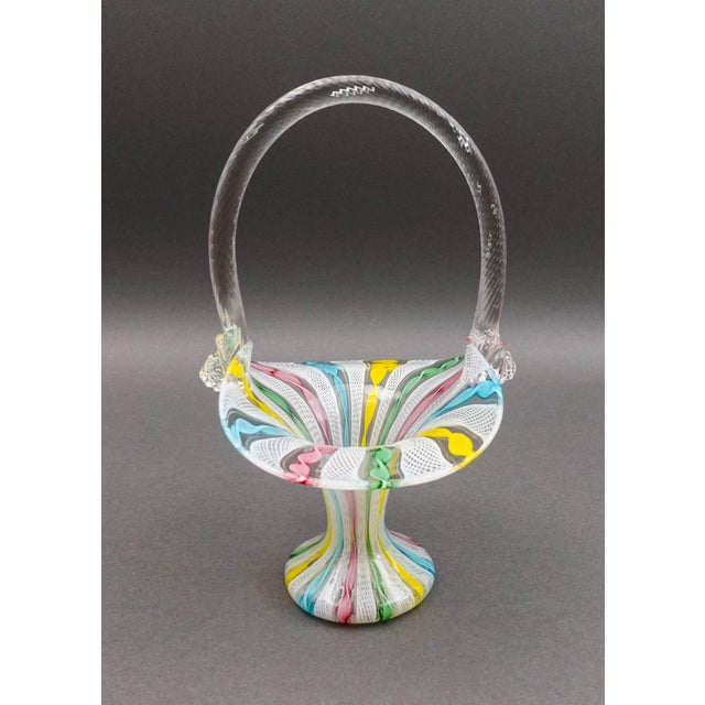 Zanfirico Murano Italy Vintage Latticino Hand Blown Art Glass Basket. Measures approximately 6" long, 5 1/2" wide, 9 1/2"...