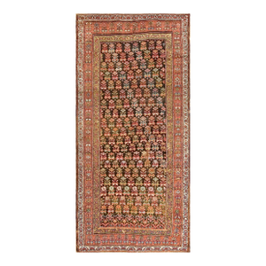 1930s Brown Geometric Antique Persian Kurdish Rug 5' X 10'6" Handknotted Wool Carpet