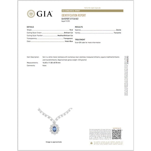 Early 21st Century GIA Certified 26.9CTS VS F Diamond Tanzanite 18K Solid Gold Collar Riviera Pendant Necklace For Sale - Image 5 of 5
