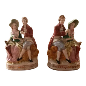 Pair of 1950 Japanese Maruyama Porcelain Victorian Couple Figurines, Occupied Japan