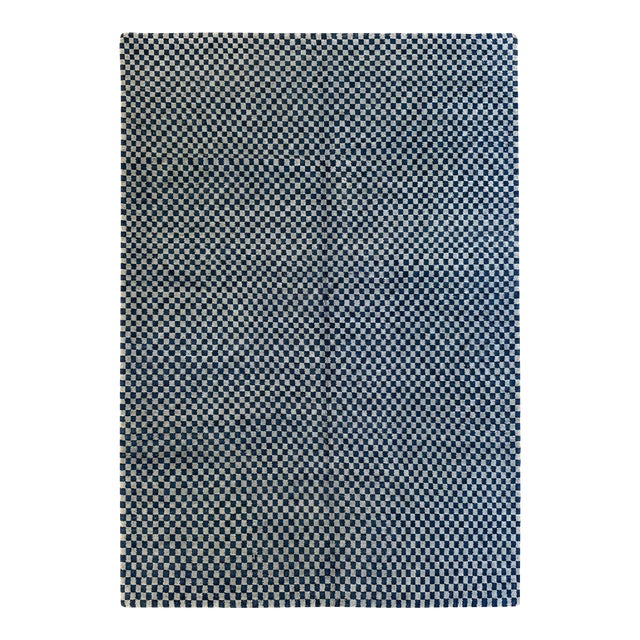 Modern Nepal Handmade Rug 6x9 – Geometric Check Pattern in Grey and Dark Blue Wool For Sale