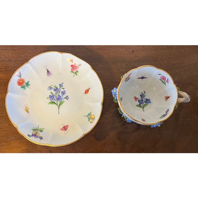 Antique Meissen Porcelain Tea Cup and Saucer With Applied Flowers and Hand Painted Insects For Sale - Image 15 of 15