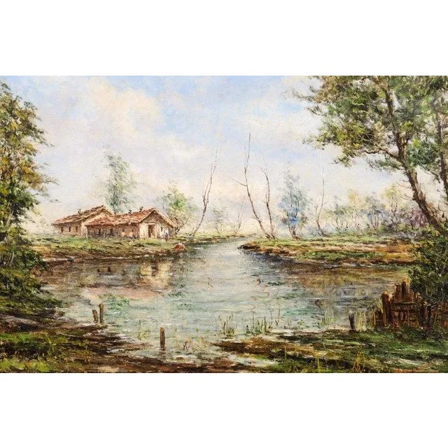 Green 19th Century Austrian Oil Painting Depicting a Hamlet Along a Stream by Anton Brioschi For Sale - Image 8 of 11