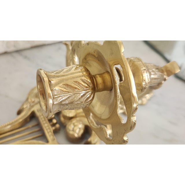 Brass Vintage Chinese Lacquered Brass Lyre-Form Double-Arm Candle Wall Sconce For Sale - Image 8 of 18