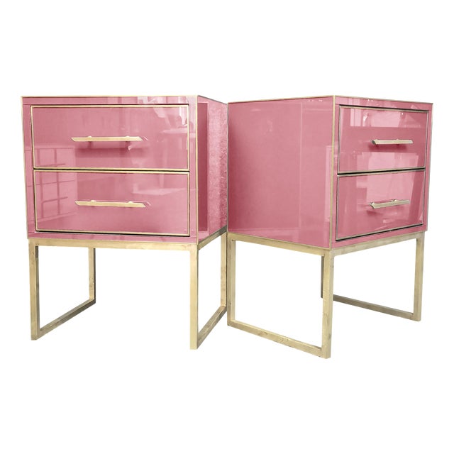 Pink Murano Glass and Brass Bedside Tables from Justfurnituress SRL, Set of 2 For Sale