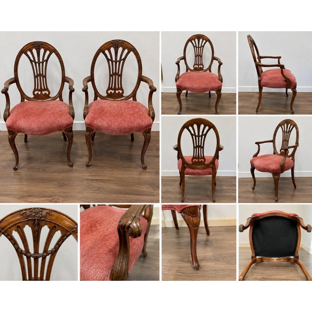 Elegant Pair of Carved Wood Georgian Revival Lyre-Back Armchairs A handsome pair of traditional carved wood armchairs...