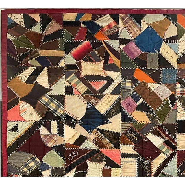 American Crazy Quilt Antique Professionally Framed For Sale - Image 3 of 12