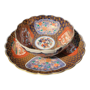 Mid-Century Showa Era Japanese Imari Porcelain Charger and Bowl Kinrande Style Arita Ware