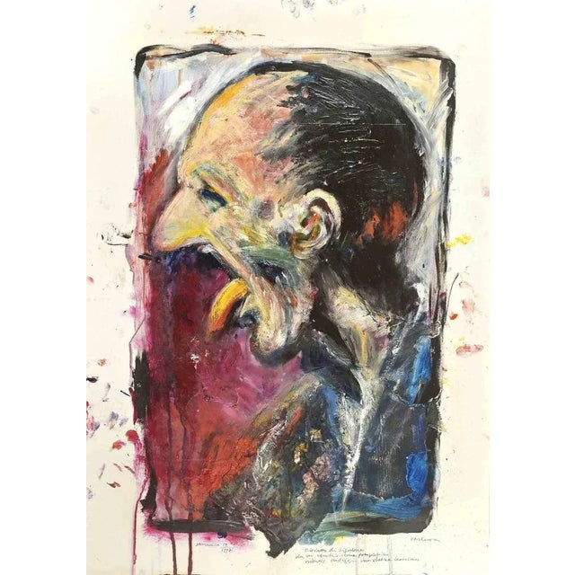 Portrait of ligabue is a painting artwork, realized by sergio barletta in 1997. Tempera and watercolor on cardboard hand-...