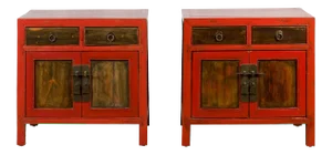 Chinese Antique Red Lacquer Small Cabinets with Drawers and Doors - A Pair