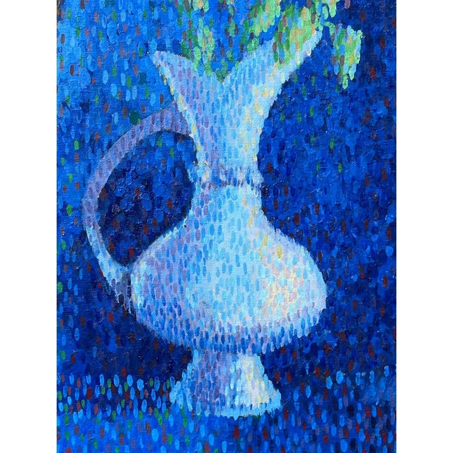 1970s Vintage American Modernist Pointillist Oil Painting of a Cat and Vase of Flowers by Emmalean Baumann For Sale - Image 5 of 9