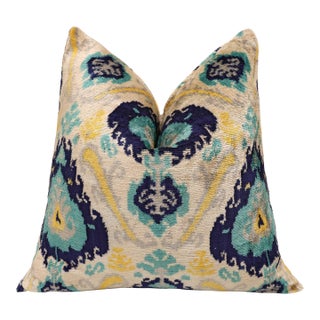 The Azure & Gold Medallion Silk Velvet Pillow - 20" X 20" For Sale