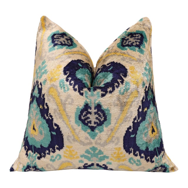 The Azure & Gold Medallion Silk Velvet Pillow - 20" X 20" For Sale