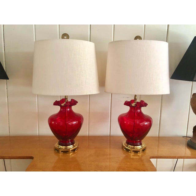 Hollywood Regency Red Glass Table Lamps With Oval Shade - a Pair For Sale - Image 4 of 4