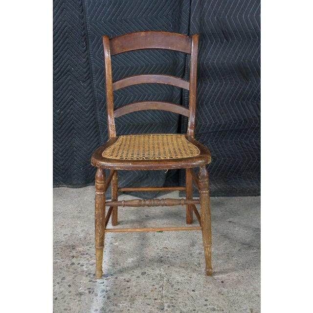 2 Antique American Country Oak Farmhouse Ladderback Chairs Cane Seat Pair For Sale - Image 4 of 18
