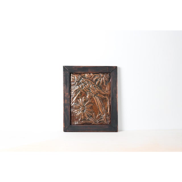 Mid-Century Parrot Copper Repoussé Plaque in Rustic Wood Frame For Sale - Image 12 of 14