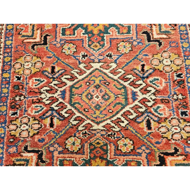 Vintage Persian Heriz Karajah Rug, Hand-Knotted Wool, Geometric Pattern, Rust-Red & Navy, 4x5 For Sale - Image 16 of 18