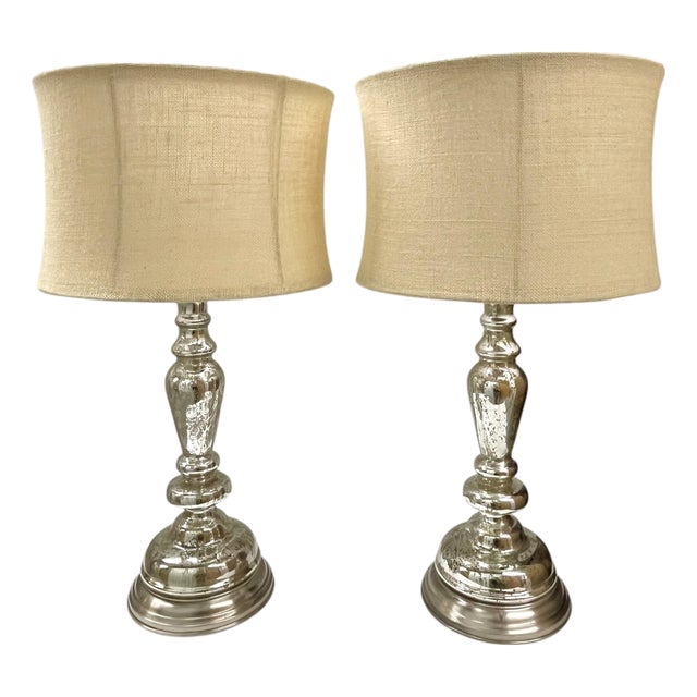 Pottery Barn Leera Mercury Glass Lamps With Original Linen Shades - a Pair For Sale
