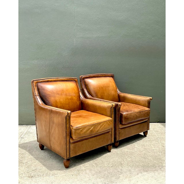 Vintage Nailhead Trim Leather Armchairs - Pair For Sale In West Palm - Image 6 of 12