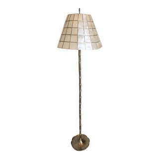 Mid-Century Brass Bamboo Lotus Base Floor Lamp with Capiz Shell Lamp Shade For Sale