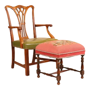Mid 20th Century George III Style Armchair With a Mahogany Needlepoint Upholstered Footstool