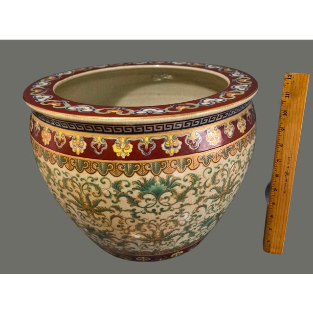 Burgundy Vintage Hand Painted Koi-Fish Asian Chinoiserie Fishbowl Jardinière Planter For Sale - Image 8 of 11