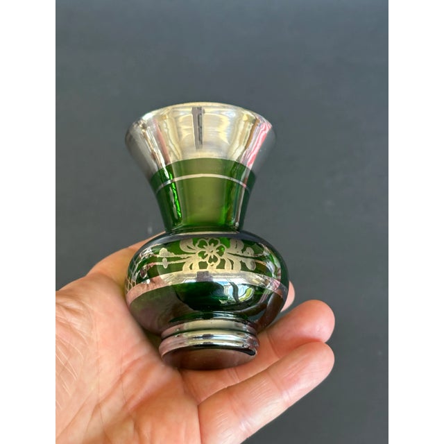 Metal Vintage Green Glass Vase With Silver Overlay For Sale - Image 7 of 11